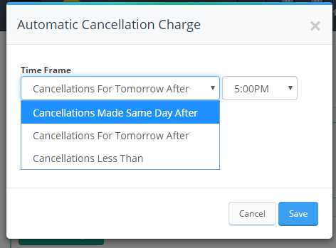 Time To Pet automatic cancellation fee time frame options dropdown