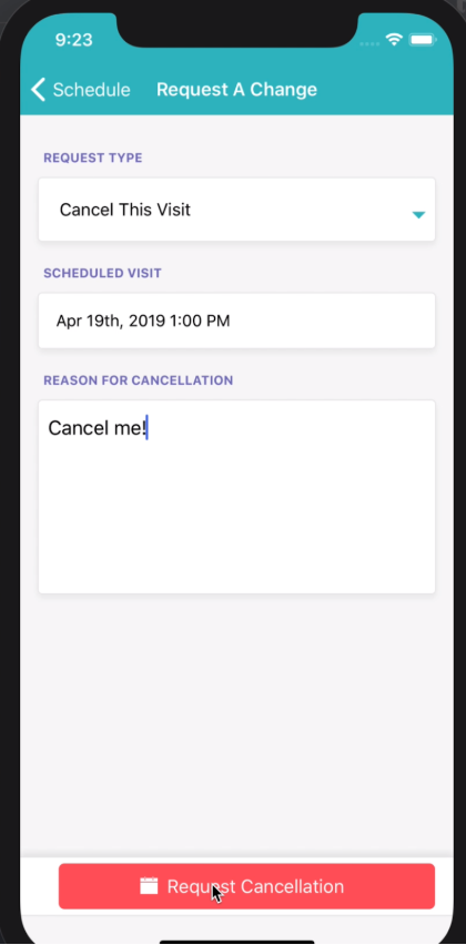 Time To Pet client mobile app cancellation request screen with visit selection and notes