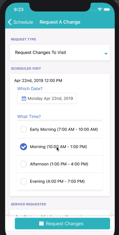 Time To Pet client mobile app change request screen for editing date, time, service or pets