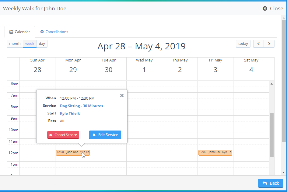 Time To Pet template calendar options for an unapproved event, including Edit Service