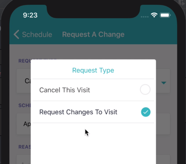 Time To Pet client mobile app screen for choosing to change or cancel a visit