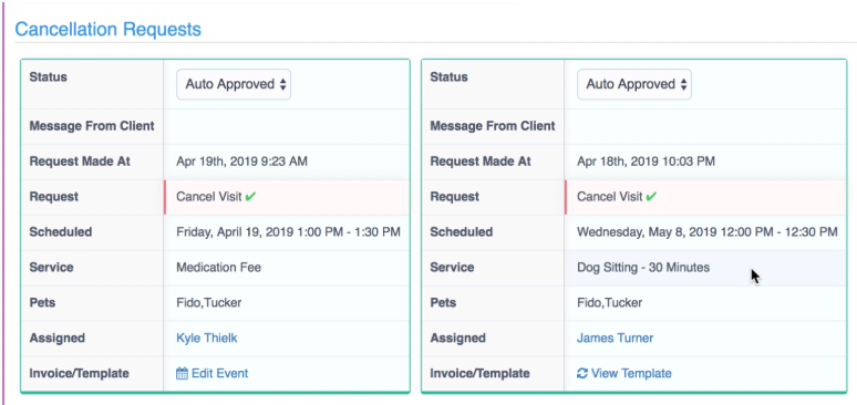 Time To Pet scheduler Change Requests tab showing a client cancellation request to approve or deny