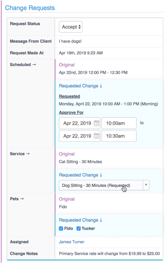 Time To Pet scheduler Change Requests tab showing a client's requested visit changes to accept or deny