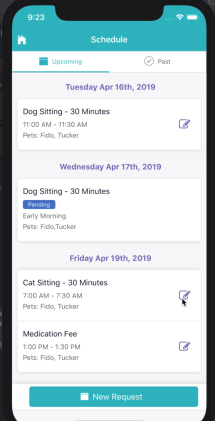 Time To Pet client mobile app schedule with the pencil icon for requesting a visit change or cancellation
