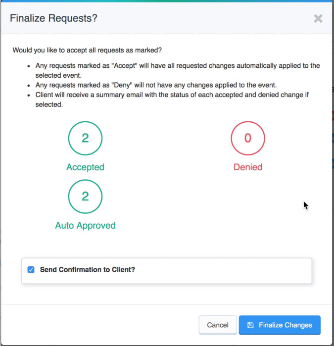 Time To Pet finalize changes screen with the option to send a confirmation to the client