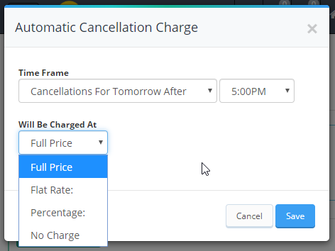 Time To Pet automatic cancellation fee charge options: full price, flat rate, percentage or no charge