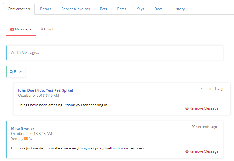 Time To Pet conversation feed showing standard messages and post-visit reports to a client