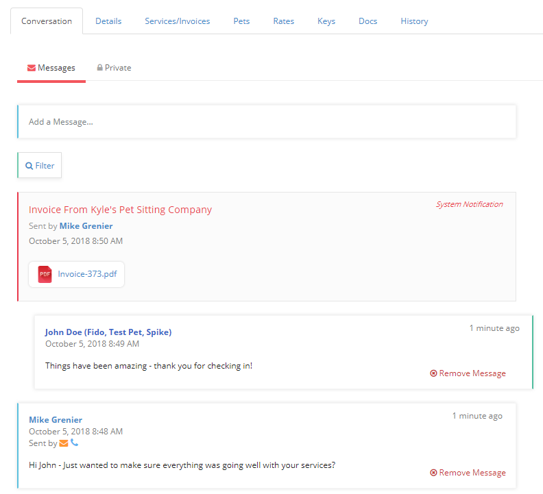 Time To Pet conversation feed with System Notifications for emailed invoices shown alongside messages