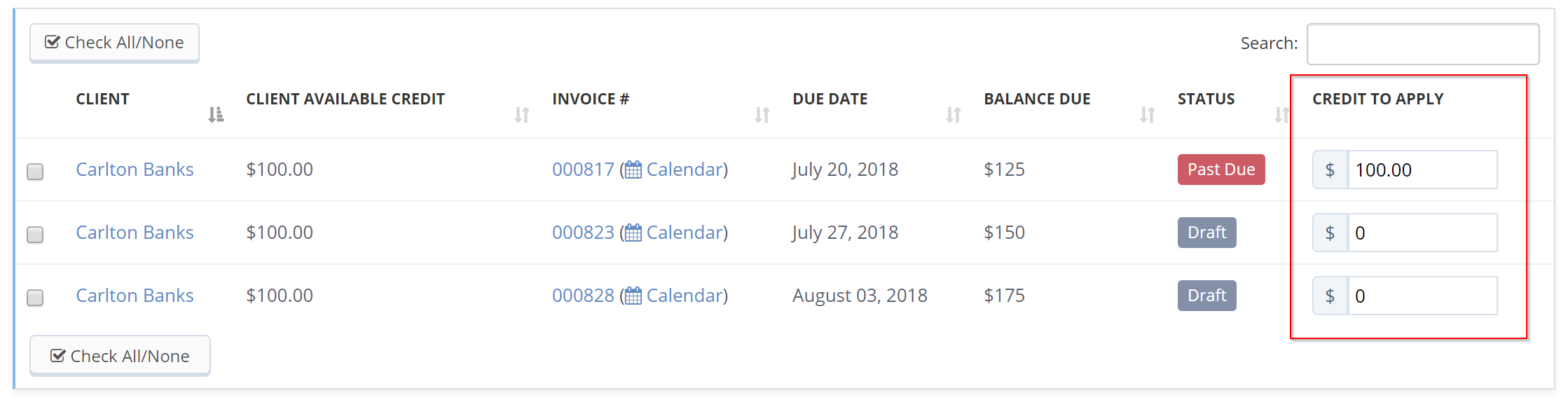 Time To Pet Bulk Invoicing Credits tab showing the Credit to Apply amount for each open invoice