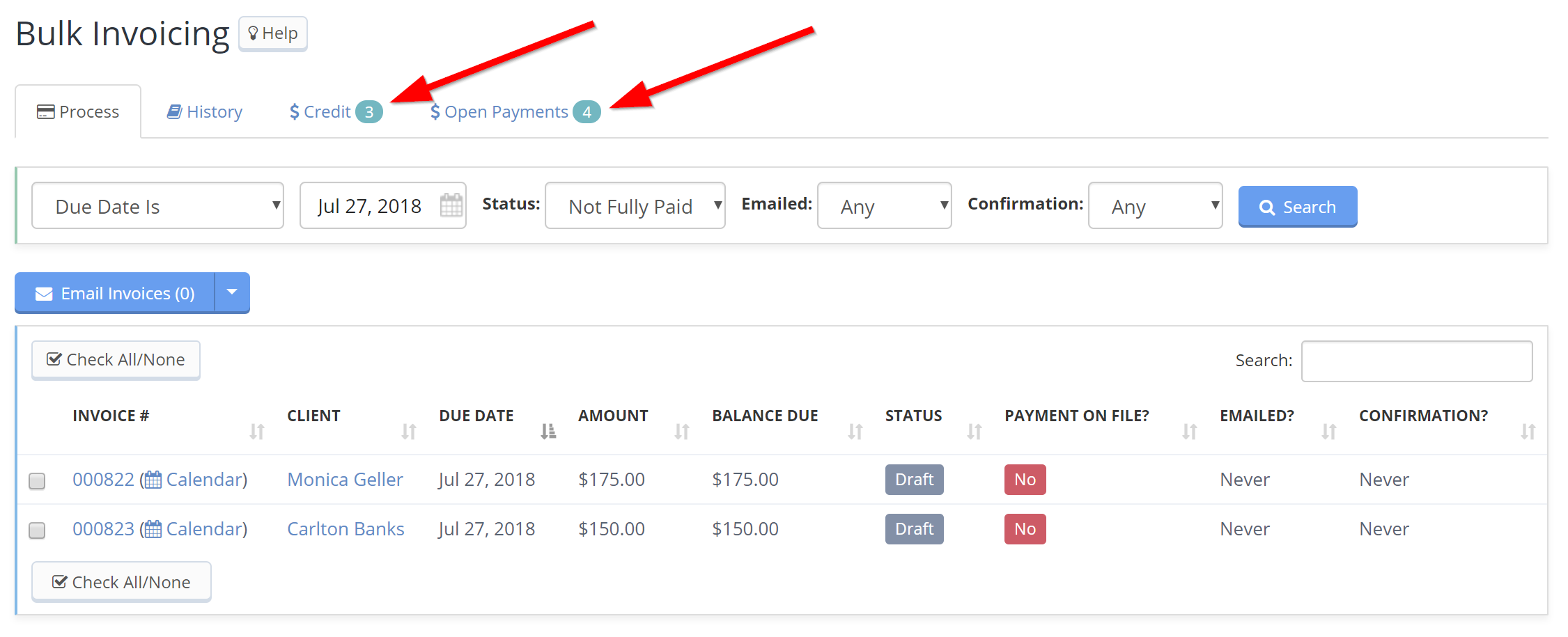 Time To Pet Bulk Invoicing page with notifications on the Credits and Open Payments tabs