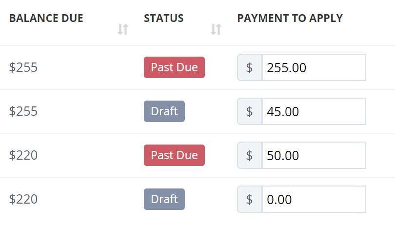 Time To Pet Open Payments tab showing invoice balances due and the payment to apply to each