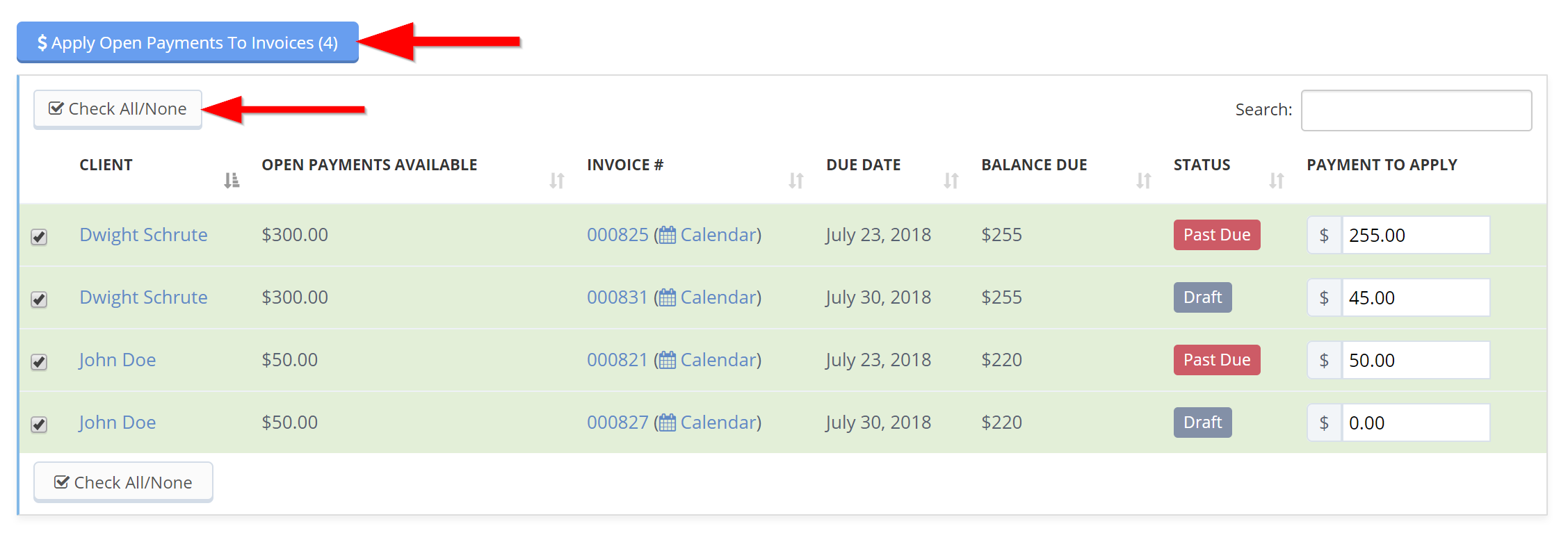 Time To Pet Open Payments tab with invoices selected and the Apply Open Payments button
