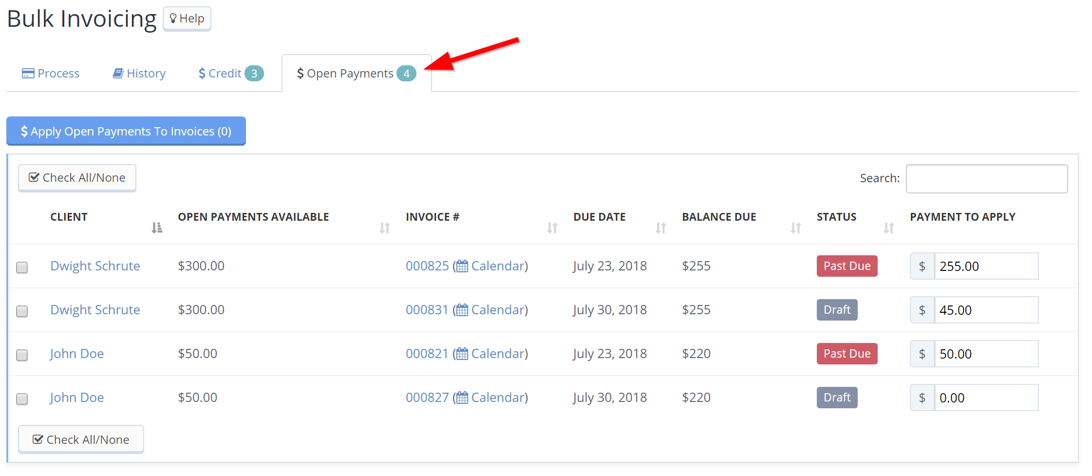 Time To Pet Bulk Invoicing Open Payments tab listing clients with open payments and open invoices