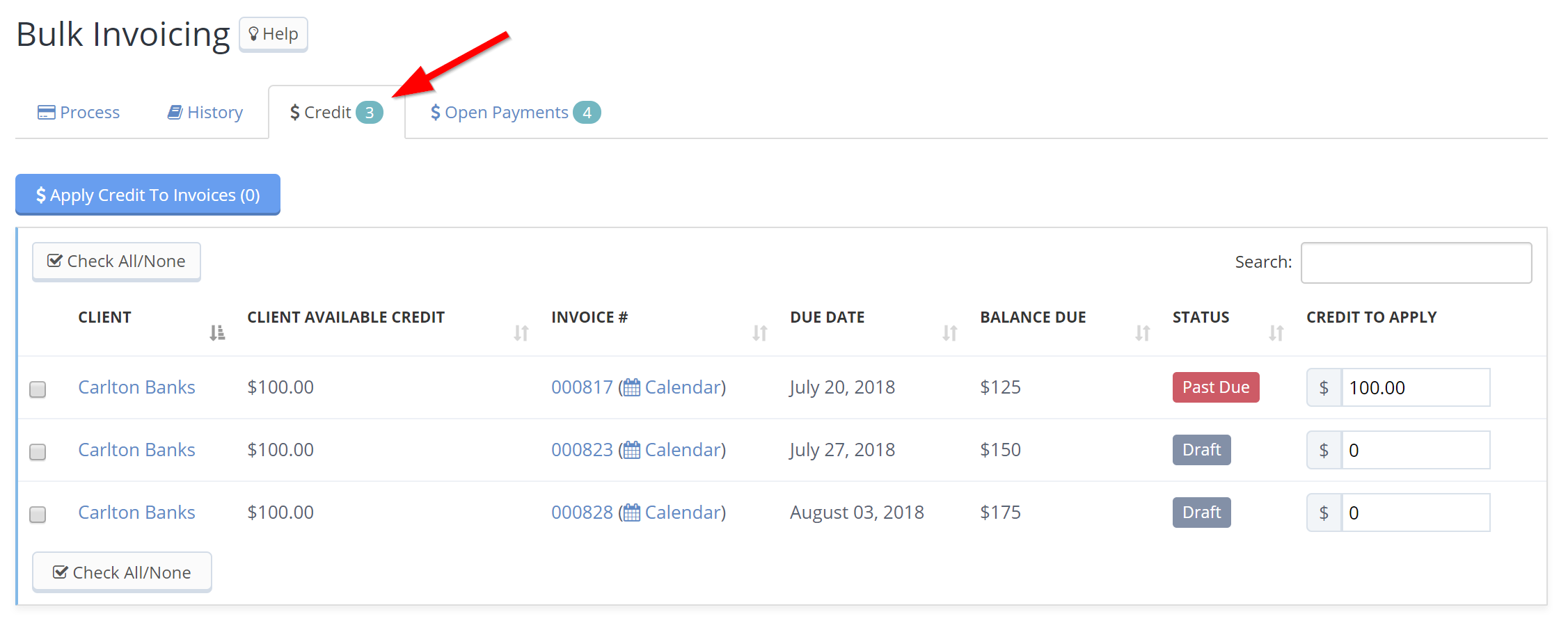 Time To Pet Bulk Invoicing Credits tab listing a client's open invoices that a credit can be applied to