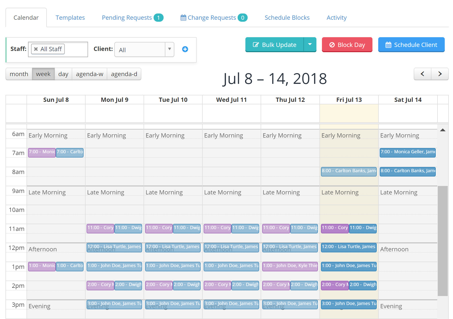 Time To Pet scheduler calendar showing scheduled events without staff time off