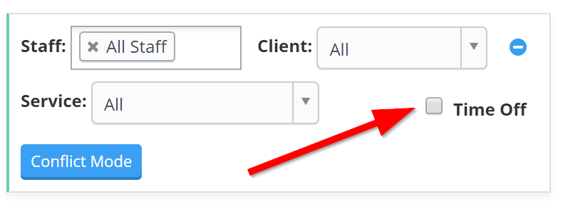 Time To Pet scheduler filter window expanded with service dropdown, Conflict Mode and Time Off checkbox