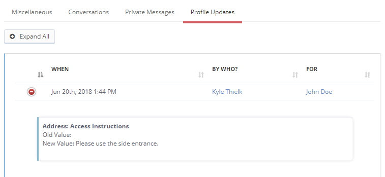 Time To Pet Client History Profile Updates section showing who changed a client profile, when and what