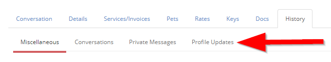 Time To Pet Client History tab showing the Miscellaneous, Conversations, Profile Updates and Private Messages sub-tabs