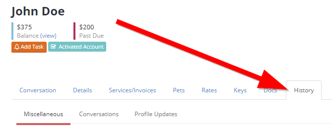 Time To Pet client profile with the History tab highlighted
