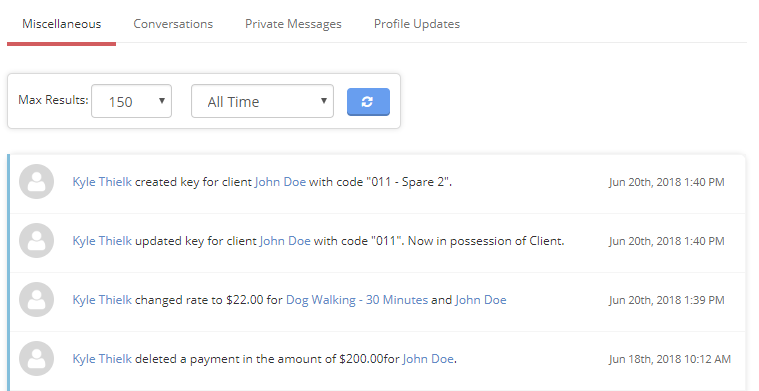 Time To Pet Client History Miscellaneous section listing general actions taken on a client profile