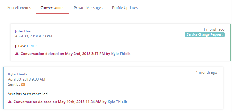 Time To Pet Client History Conversations section showing messages deleted from the conversation feed