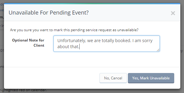 Time To Pet unavailable message window for explaining to a client why a request can't be accepted