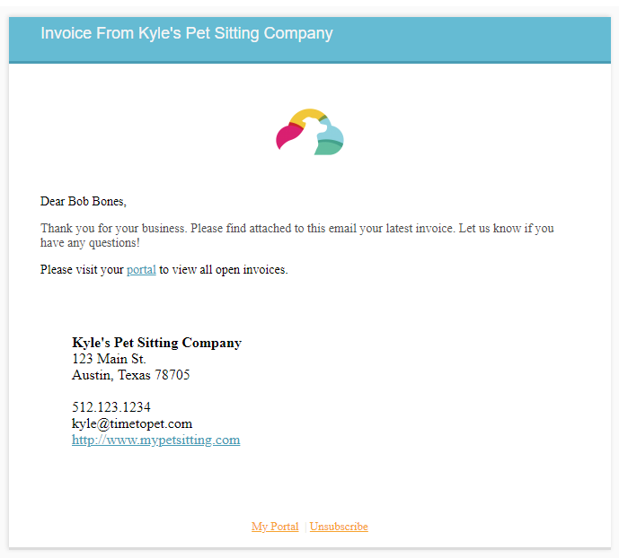 Time To Pet System Notification opened to show the exact email sent to the client