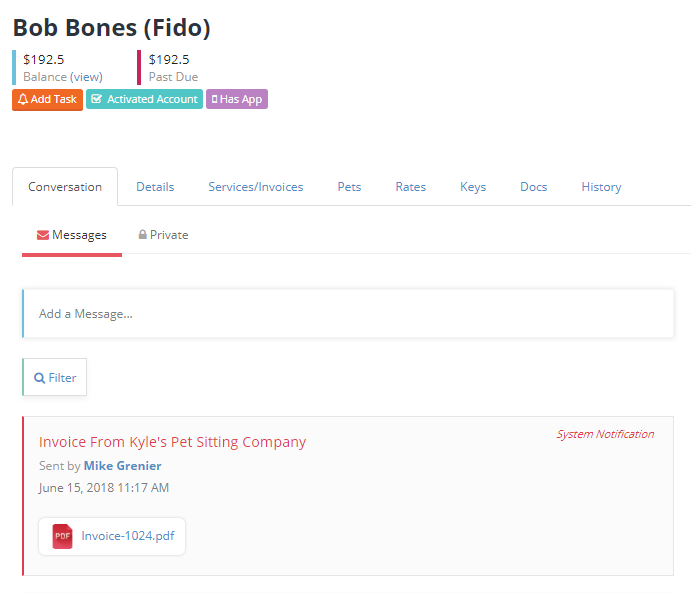 Time To Pet client conversation feed showing a System Notification for an emailed invoice