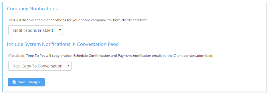 Time To Pet Company Notifications settings with the option to enable or disable System Notifications