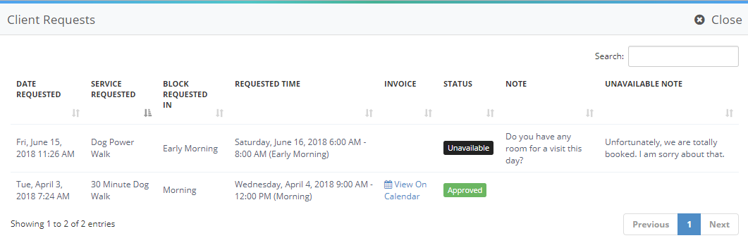 Time To Pet View Past Requests list showing the unavailable note sent to a client