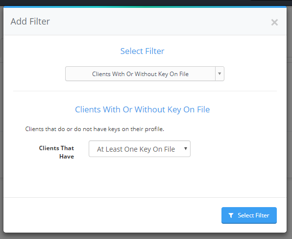 Time To Pet client report filter for clients with or without a key on file