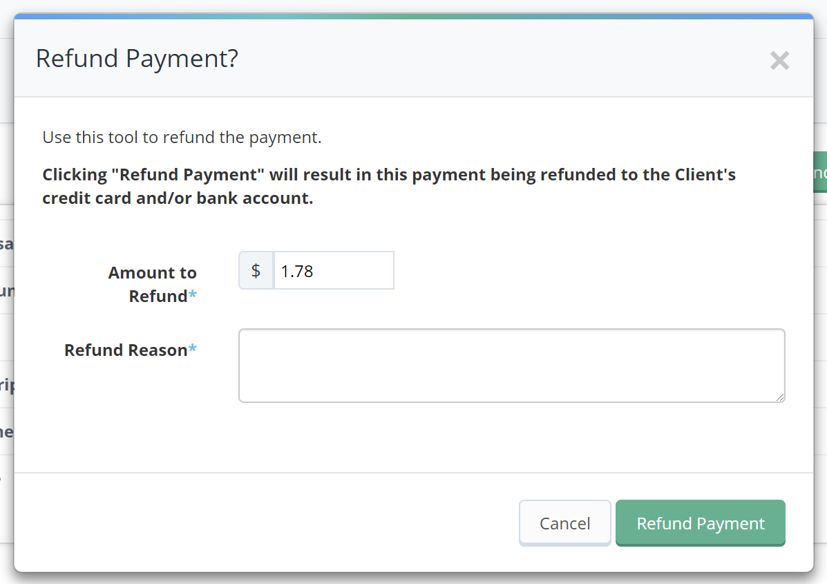 Time To Pet refund screen for a full or partial refund with a Refund Reason note