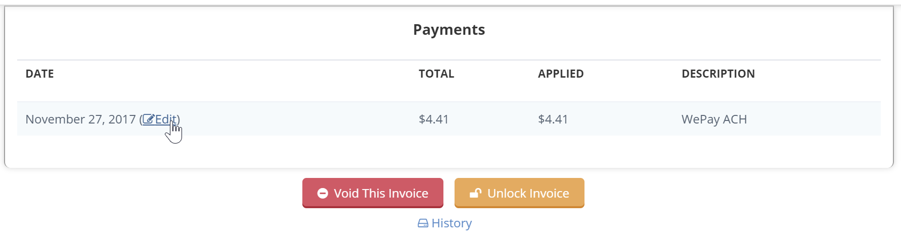 Payments listed on the Time To Pet Edit Invoice screen with an Edit link beside each