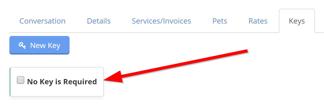 Keys tab of a Time To Pet client profile with the No Key Required option
