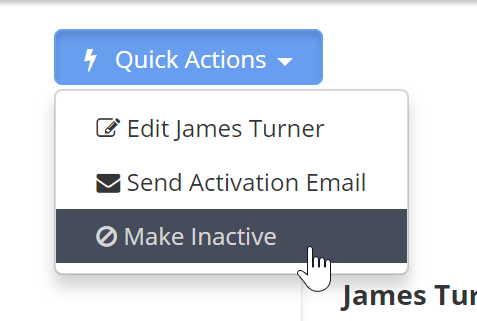 Time To Pet staff profile Quick Actions menu with the Make Inactive option