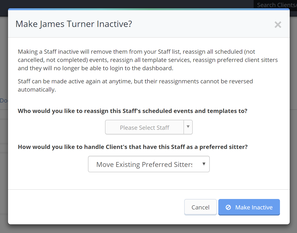 Time To Pet prompt asking which staff member gets the inactive staff member's events and preferred clients