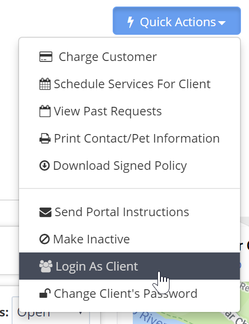 Time To Pet client profile Quick Actions menu with the Login as Client option