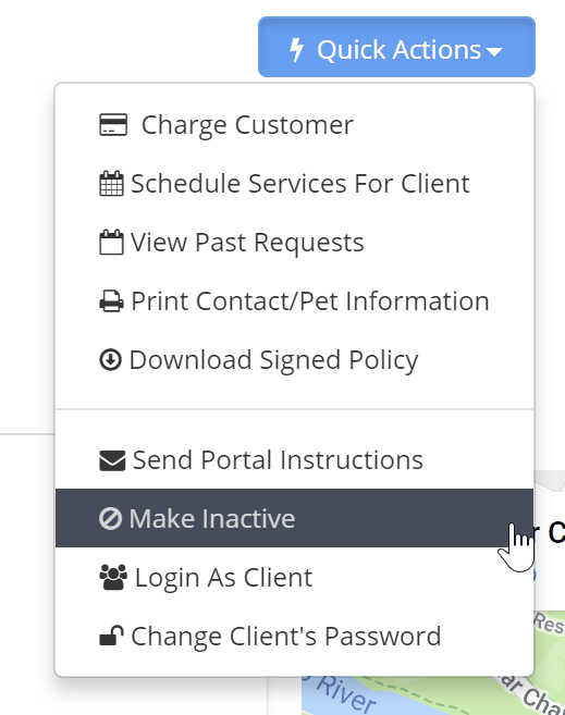 Time To Pet client profile Quick Actions menu with the Make Inactive option