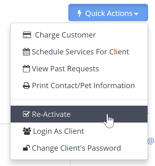 Time To Pet Quick Actions menu with the option to re-activate an inactive client