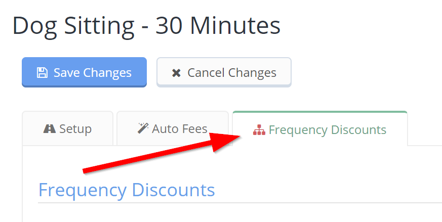 Frequency Discounts tab when editing a service in Time To Pet