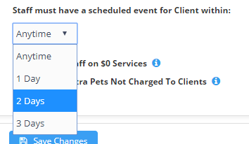 Time To Pet staff notification window options, from same day up to 3 days before or after