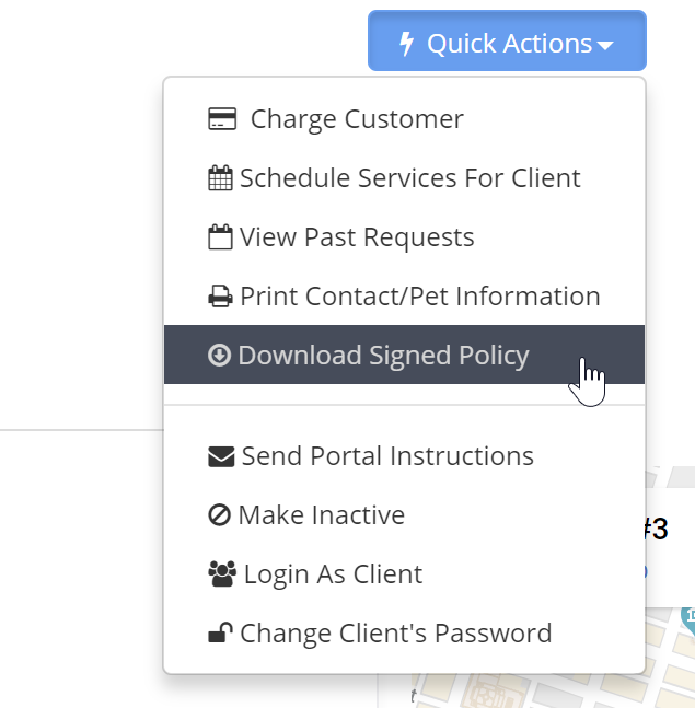 Time To Pet client profile Quick Actions menu with the Download Signed Policy option