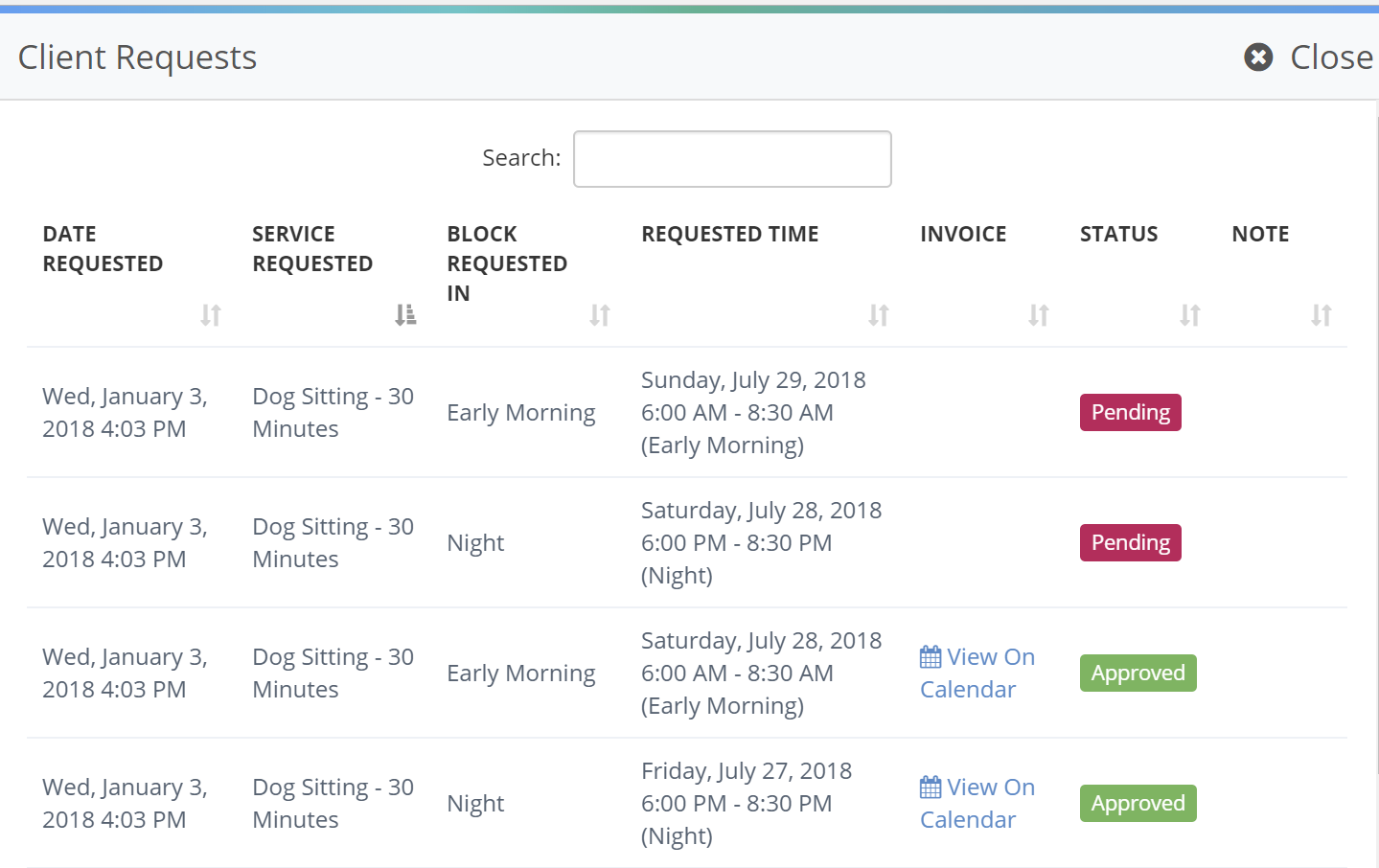 Time To Pet View Past Requests screen listing a client's service requests from the portal and app