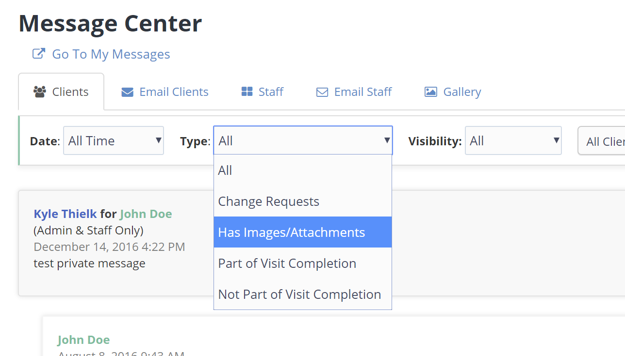 Time To Pet Message Center with the Message Type filter options