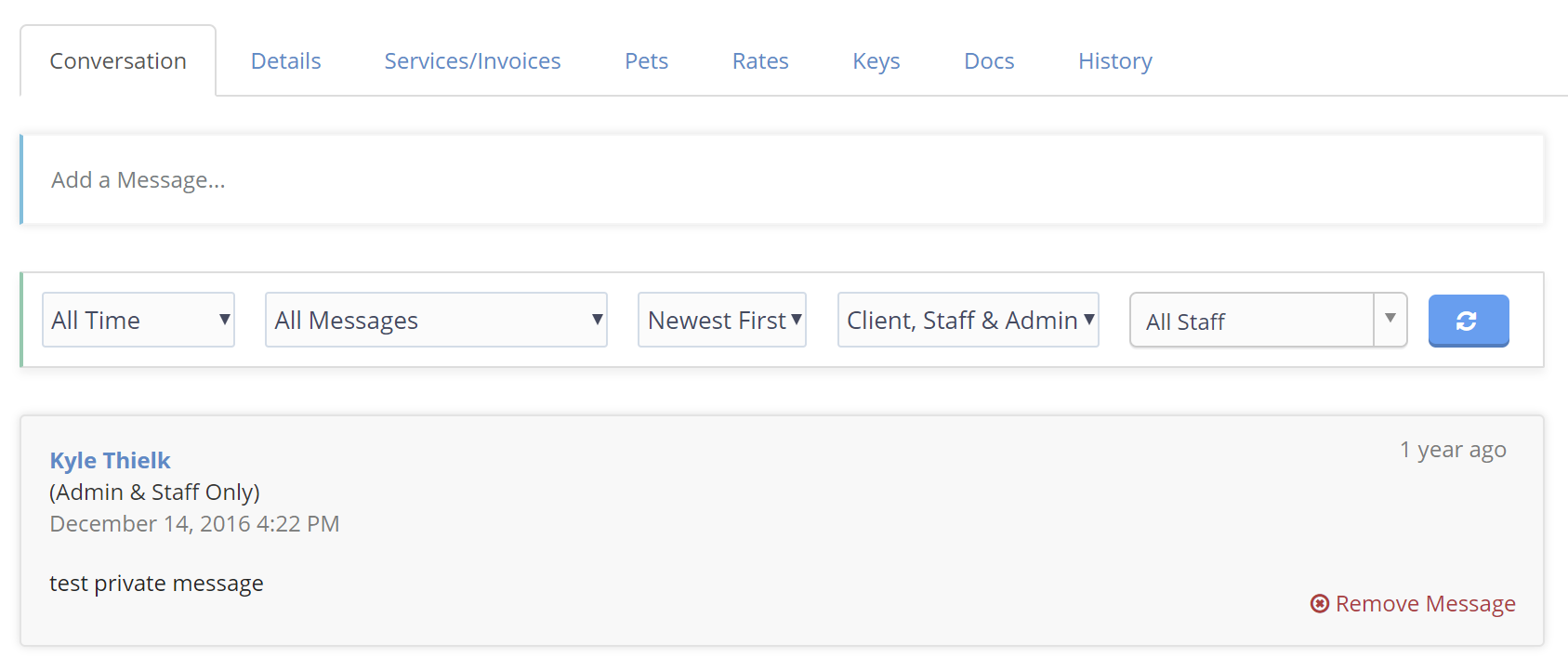 Time To Pet client Conversation feed with the new message filter tool