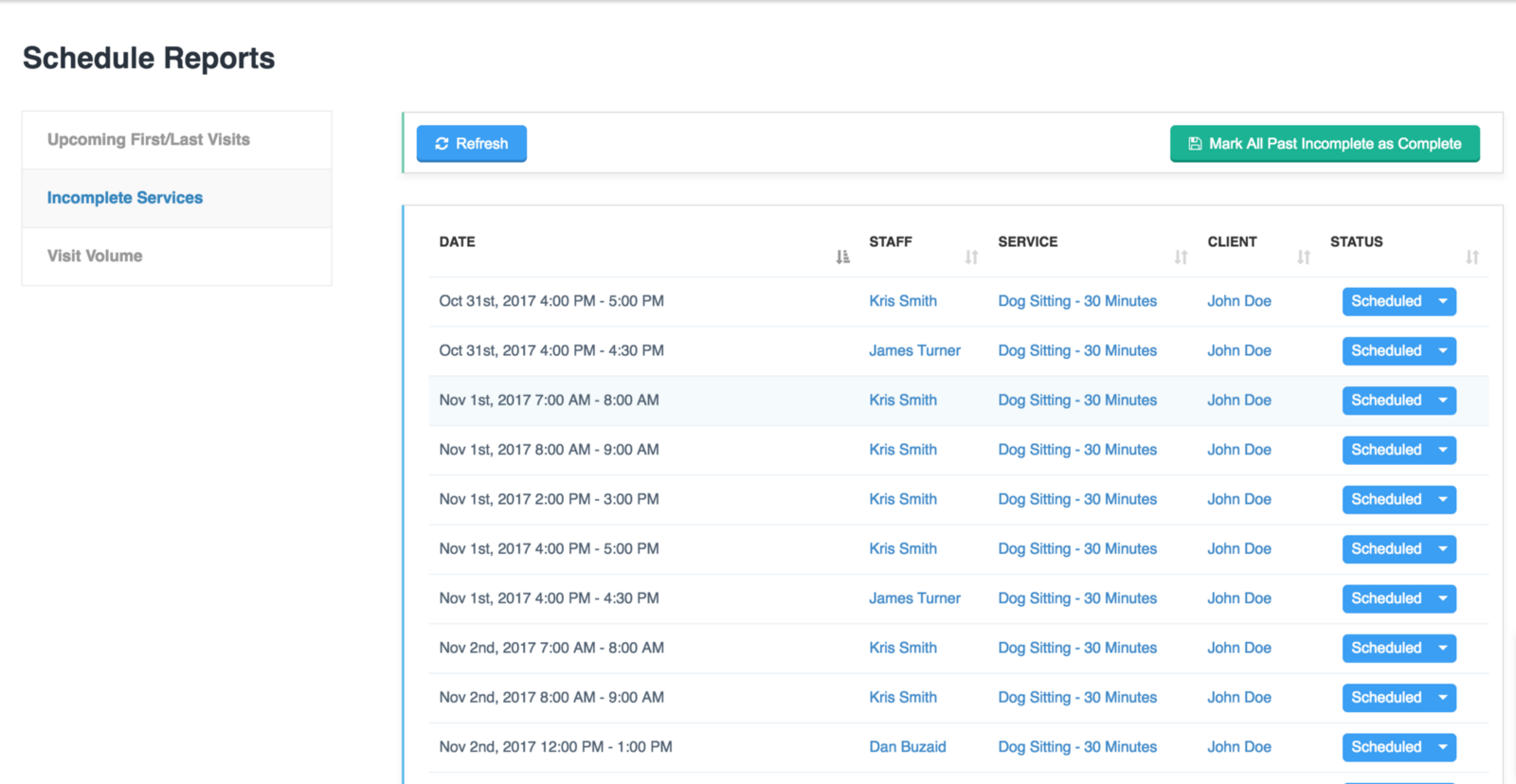 Time To Pet Incomplete Services report listing past events still marked as Scheduled