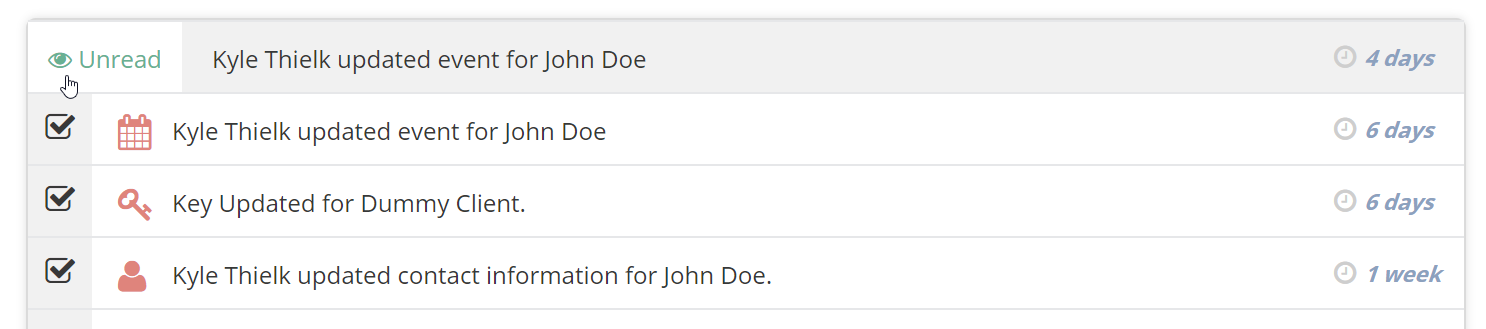 Time To Pet notification list with icons to mark individual notifications as read or unread