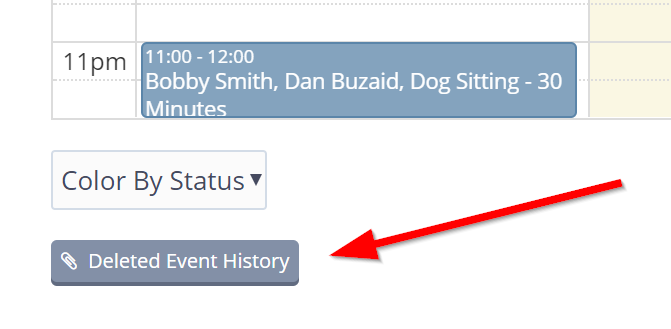 Time To Pet Scheduler page with the Deleted Event History button at the bottom