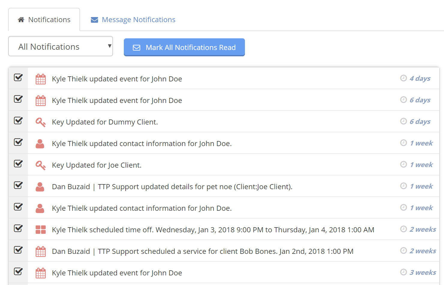 Time To Pet Notifications section listing notifications with options to mark them read
