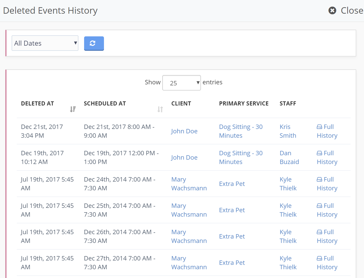 Time To Pet Deleted Event History showing when each event was deleted, its original date and who deleted it